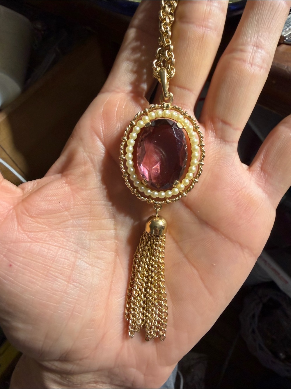 Vintage Avon Gold Tone Faux Pearl Cranberry Glass Tassel Necklace 32”